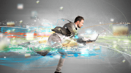 speed personified multi color streaks man running with laptop