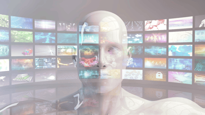 video screens with AI model in background