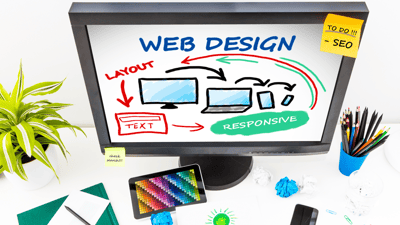 computer screen showing web design work flow chart, tablet with color palette