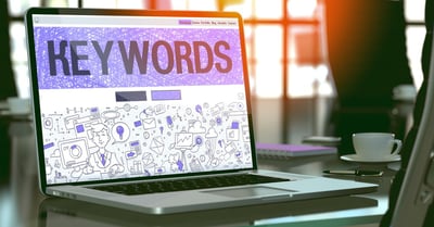 Keywords - Closeup Landing Page in Doodle Design Style on Laptop Screen- On Background of Comfortable Working Place in Modern Office- Toned, Blurred Image- 3D Render-