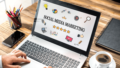 laptop on wooden desk with coffee social media marketing banner