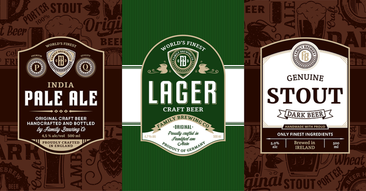 Labels for India Pale Ale, Lager and Stout.