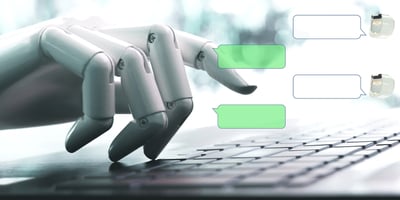 Robotic hand typing on a computer keyboard.