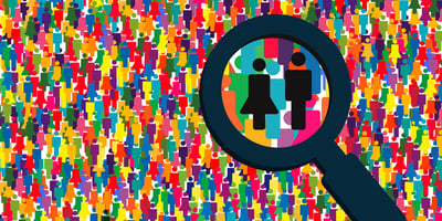 multicolored people icons, black magnifying glass with male/female icon large